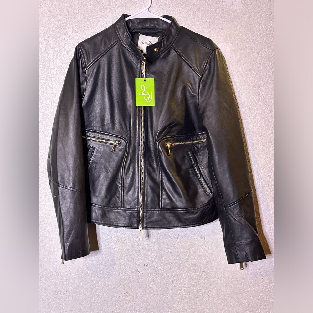 Sam Edelman Black Leather Moto Jacket with Gold Zippers